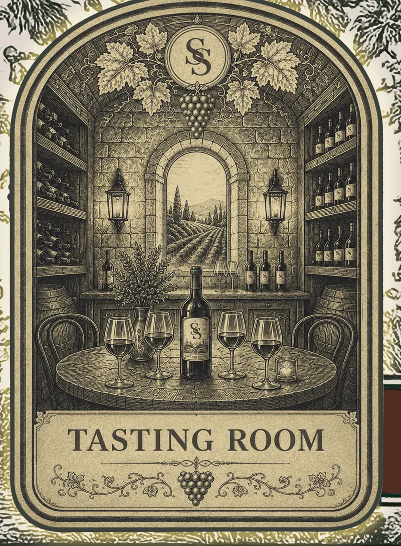 The Tasting Room card at the centre of the board, a candlelit cellar table set with glasses